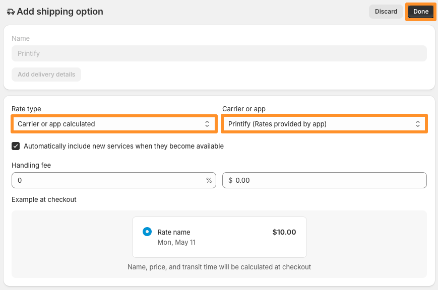 Carrier or app calculated rate type and Printify selected when adding a new shipping option.
