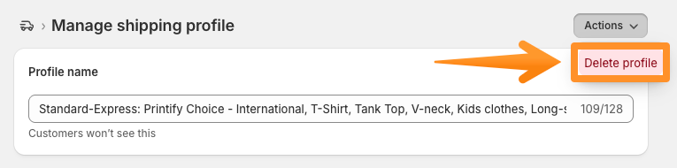 Delete profile button when opening a shipping profile.