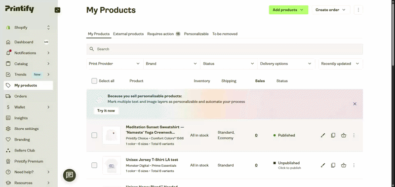 Navigating to My products in Printify, opening a product, and accessing the View all mockups library.