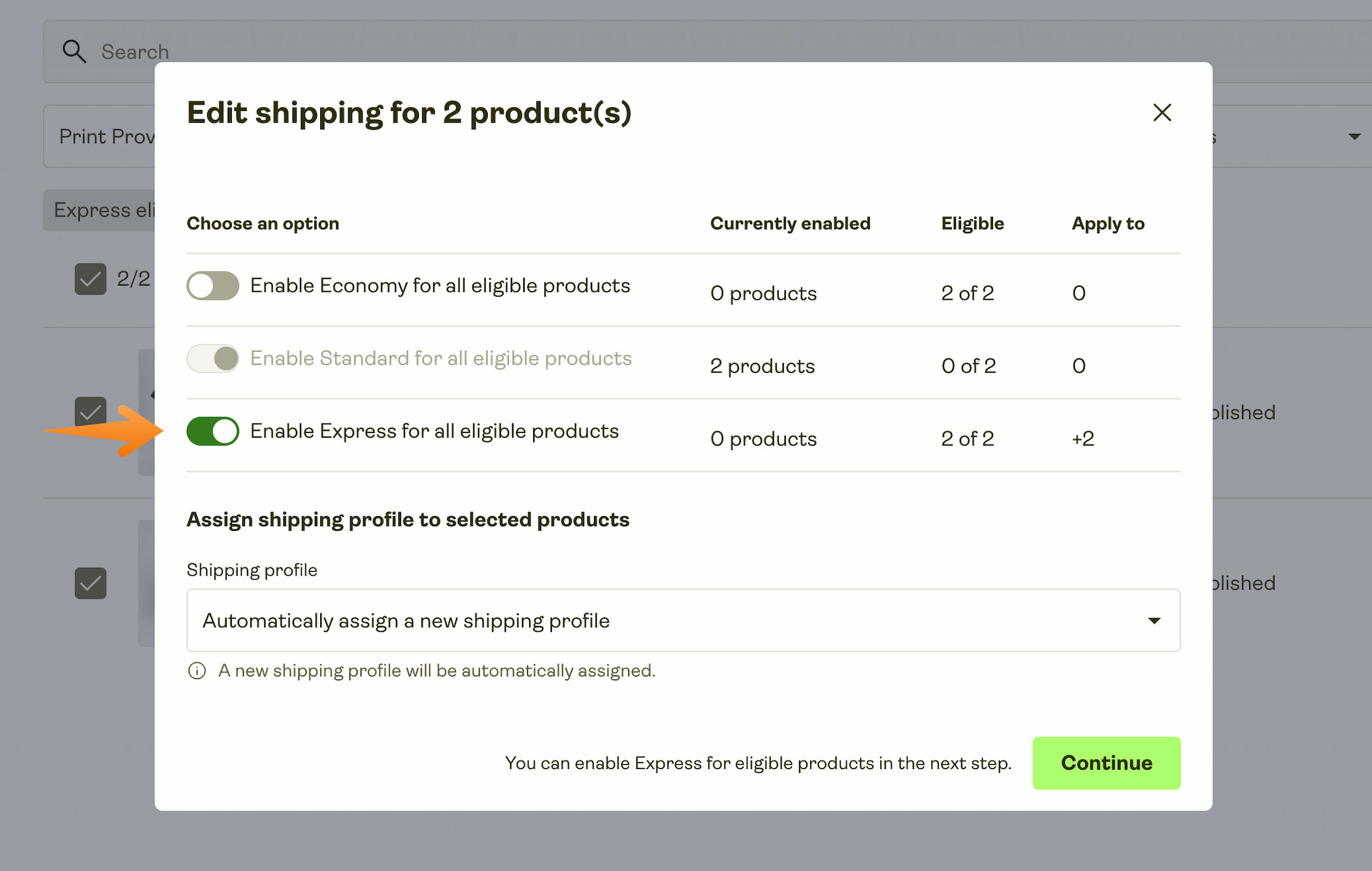 Select "Edit Shipping" and enable Express.