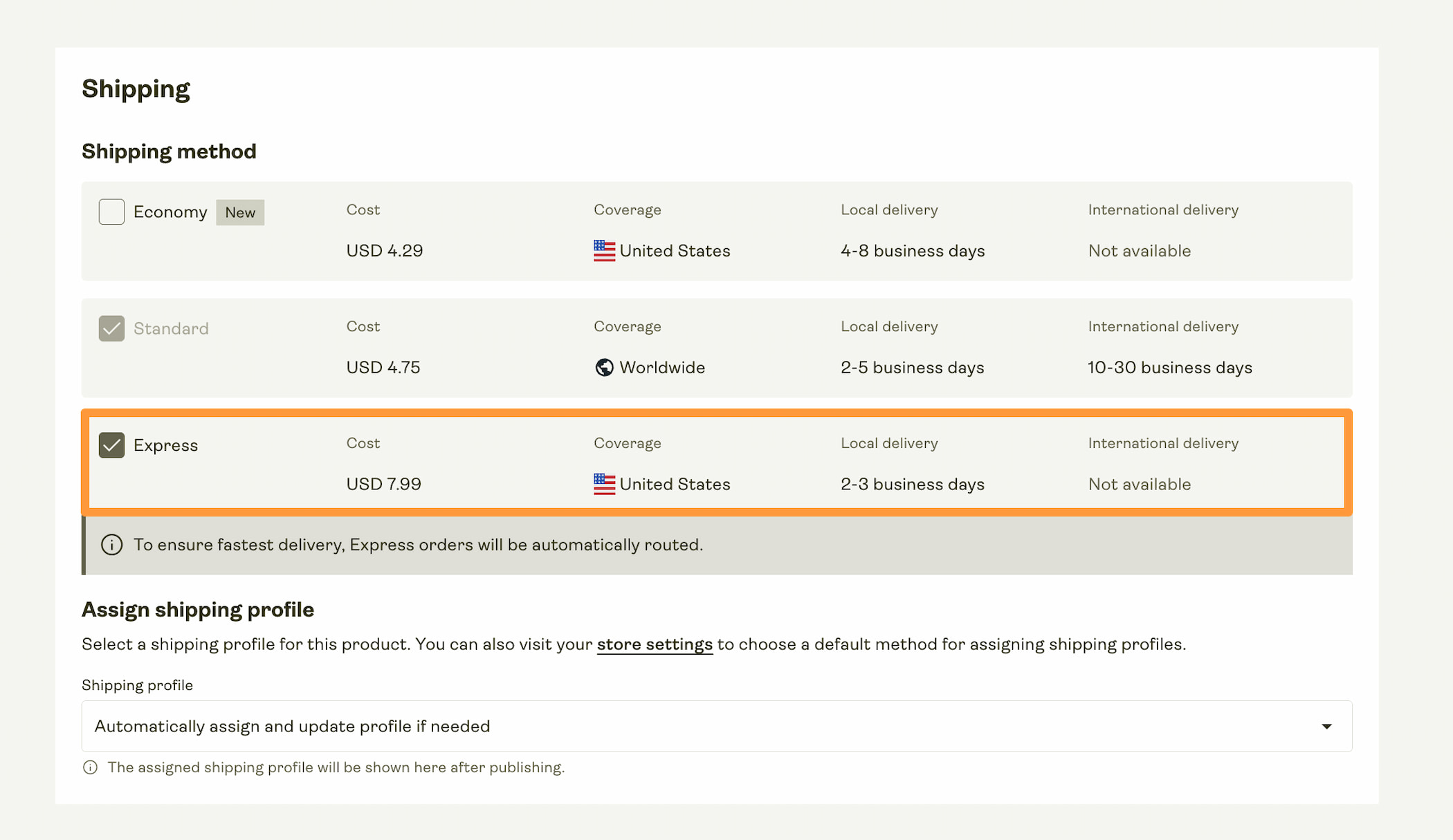 In the "Shipping" section, check the Express box.