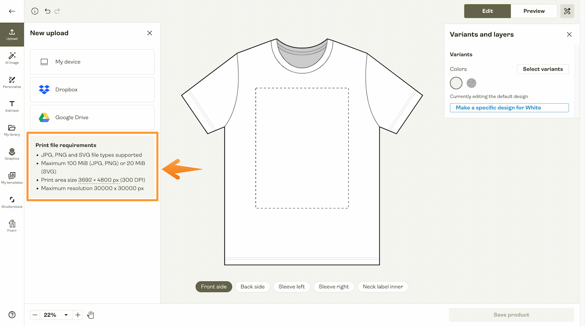 Product Creator showing print file requirements for a t-shirt design.