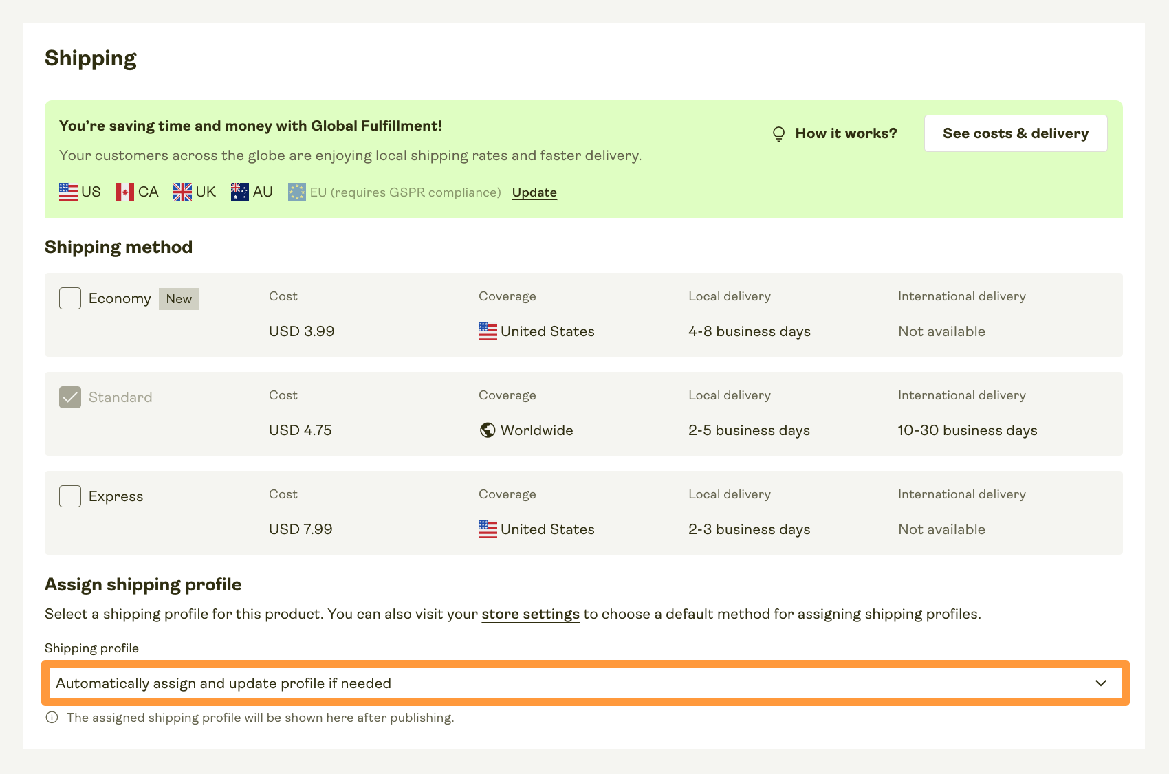 Automatically assign shipping profile selection during product publishing.