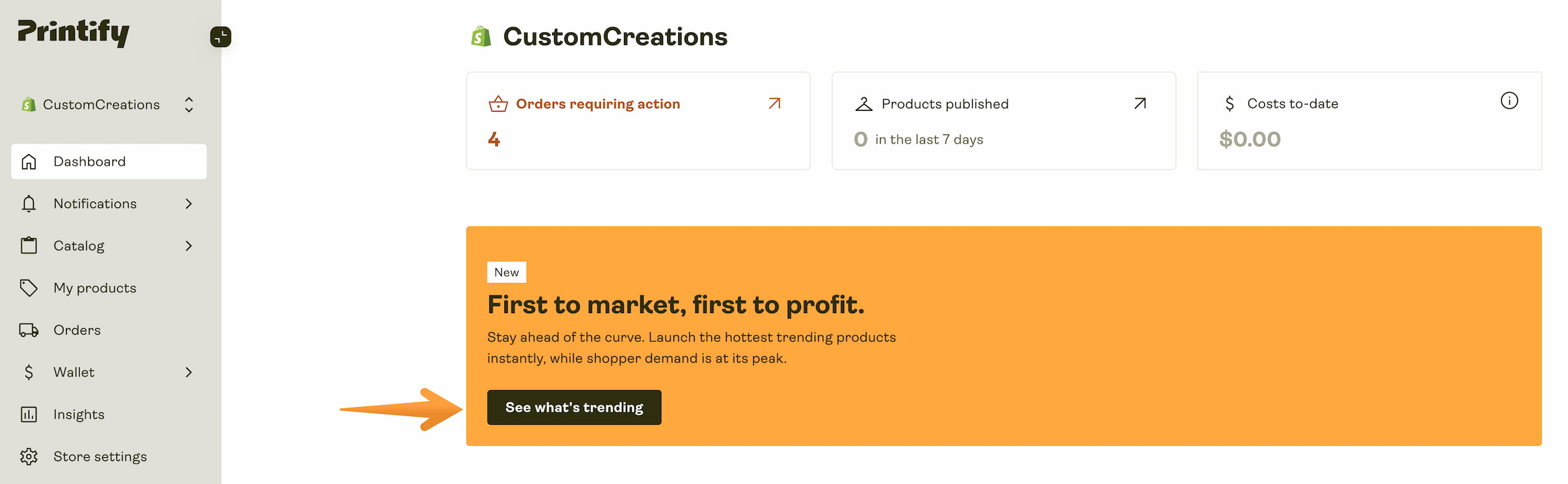 Trends banner in the Printify Dashboard home page.