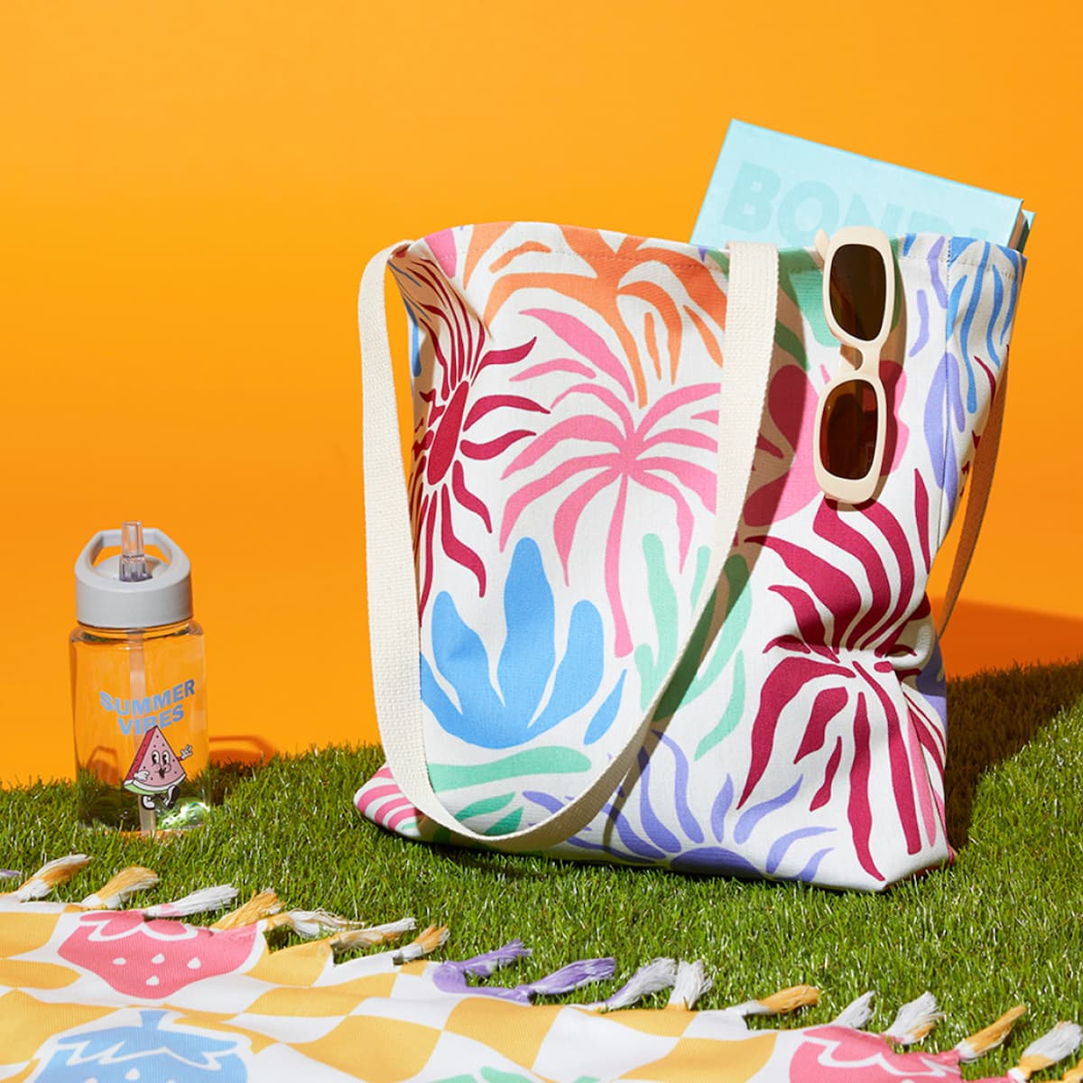 A sample tote bag featuring a vibrant, seamless pattern that covers the entire surface from seam to seam.