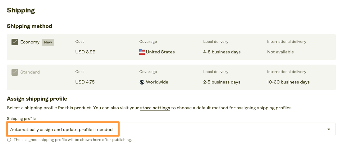 Automatically assign and update profile if needed option in Shipping section of publishing.