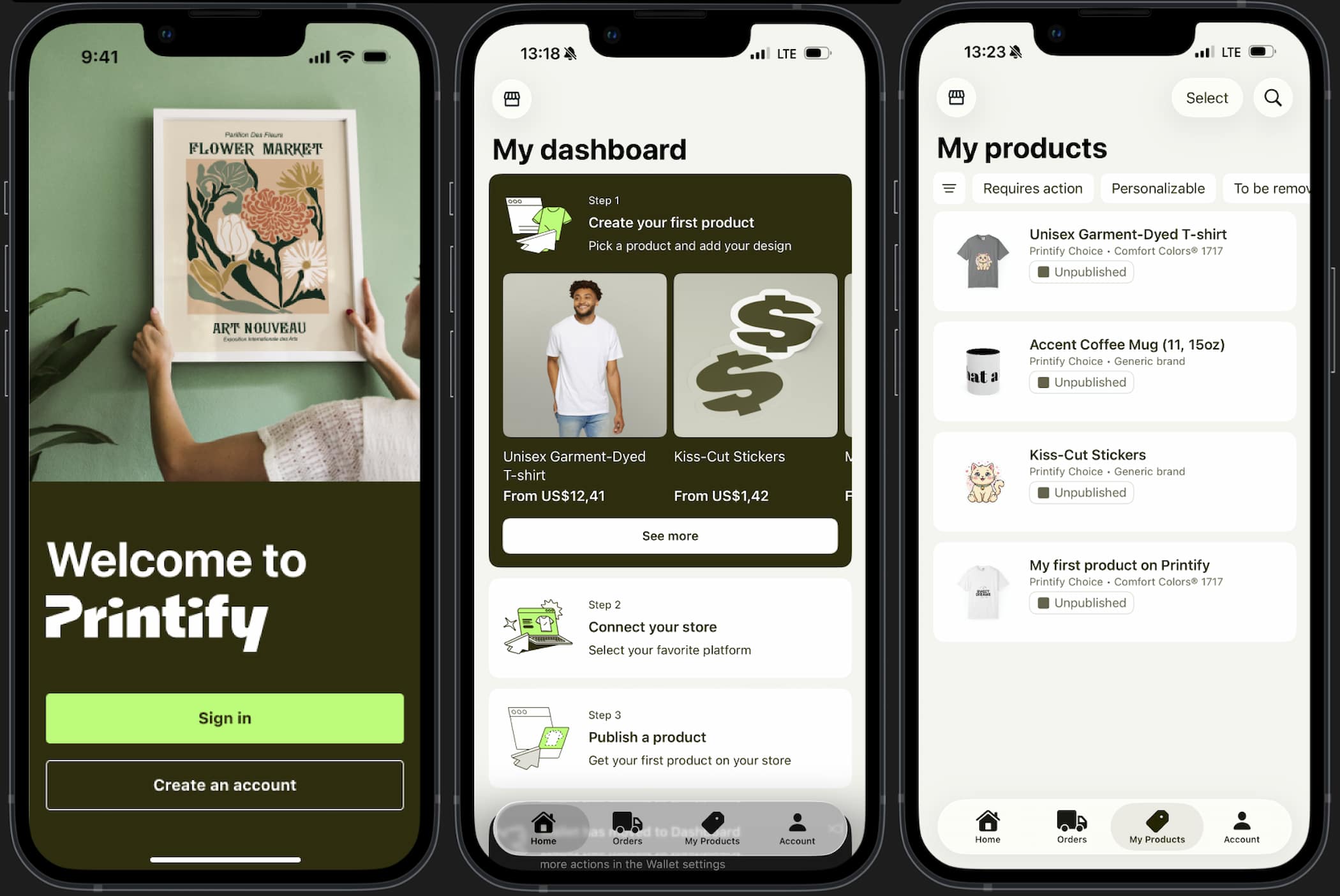 Previews of the Printify iOS app.
