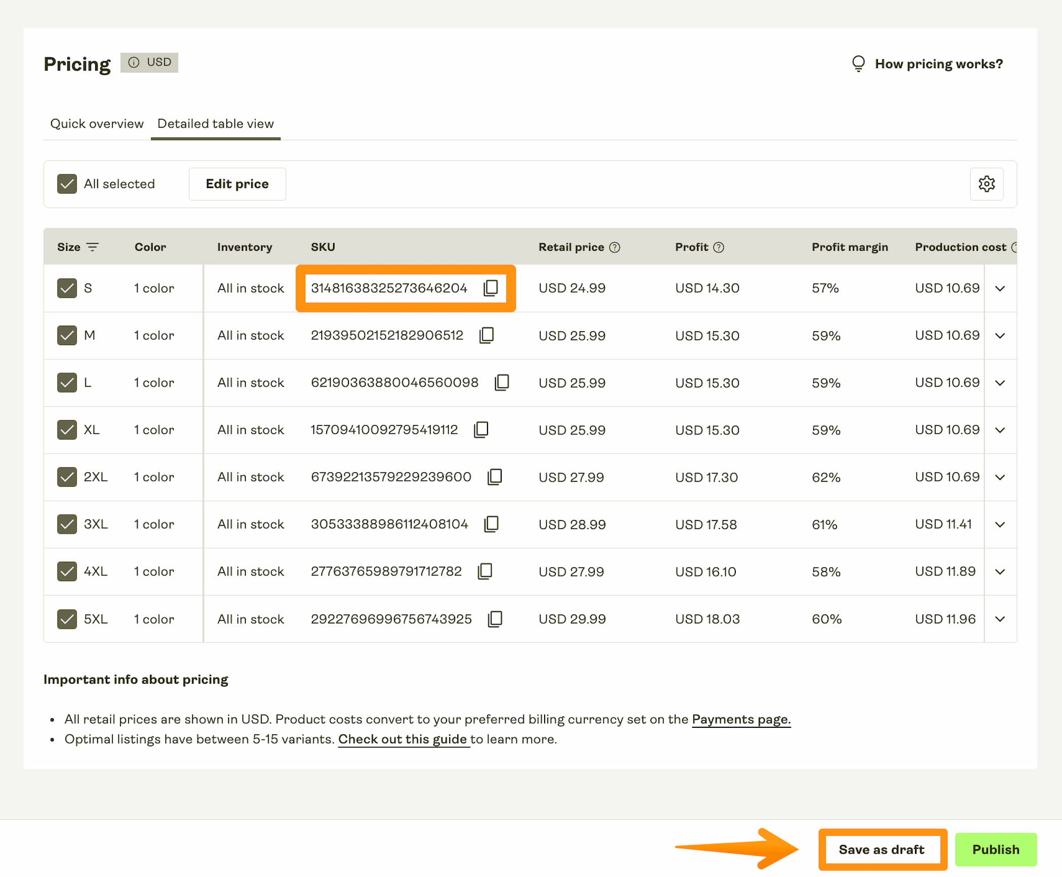  SKU numbers can be seen in the pricing section.