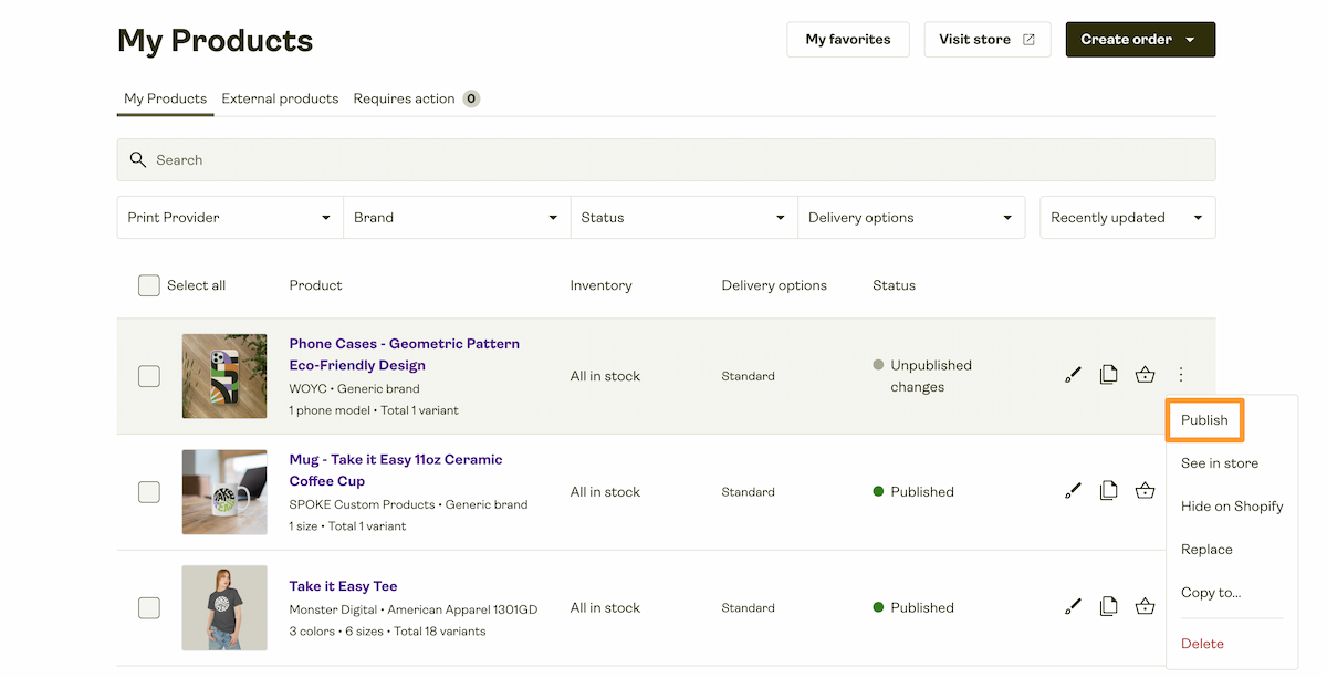 The Printify product publishing card showing the main Publish button which triggers a full product details sync.