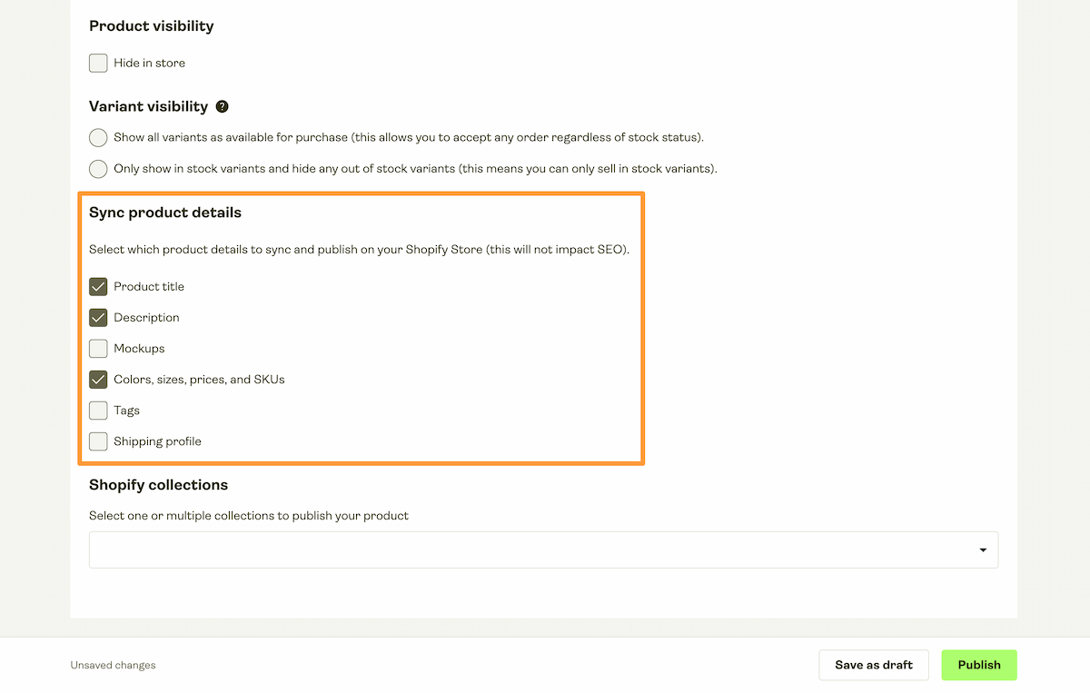 The selective publishing check-boxes in Printify, allowing users to choose whether to sync variants, titles, descriptions, mockups, or shipping profiles.