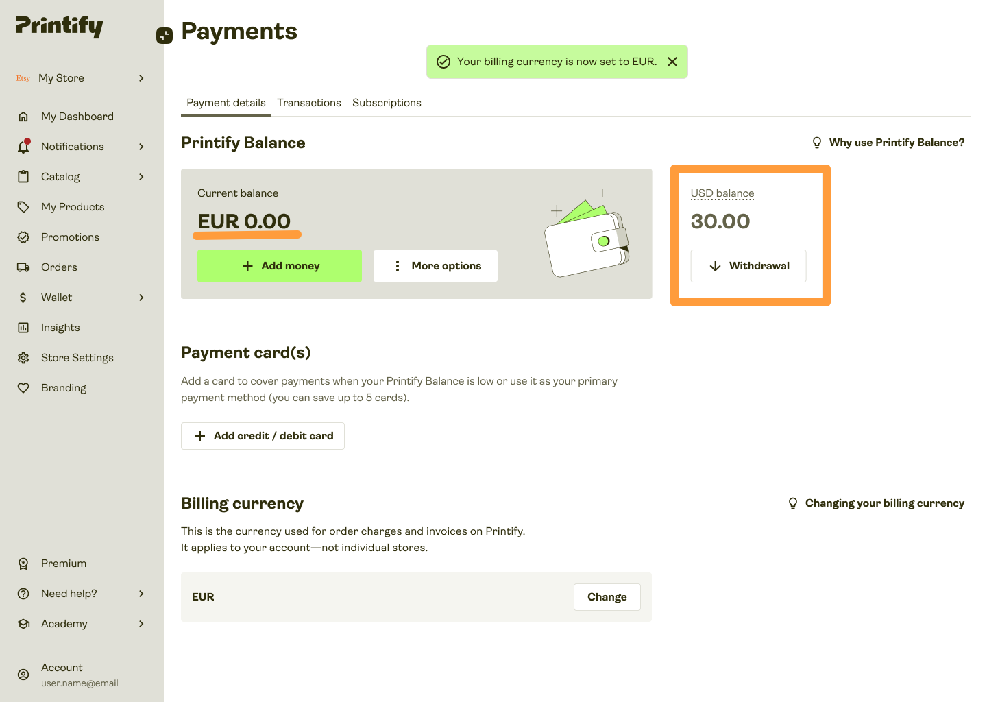 Printify Balance highlighting the USD balance.
