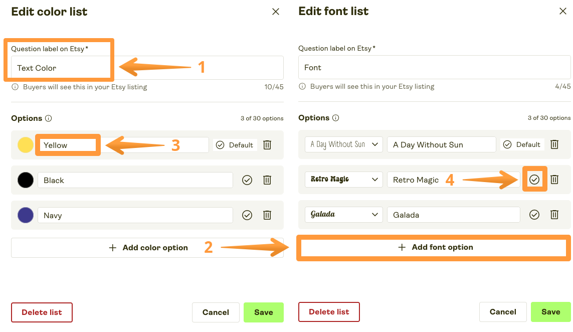 Text and Font edit menu with different options highlighted.