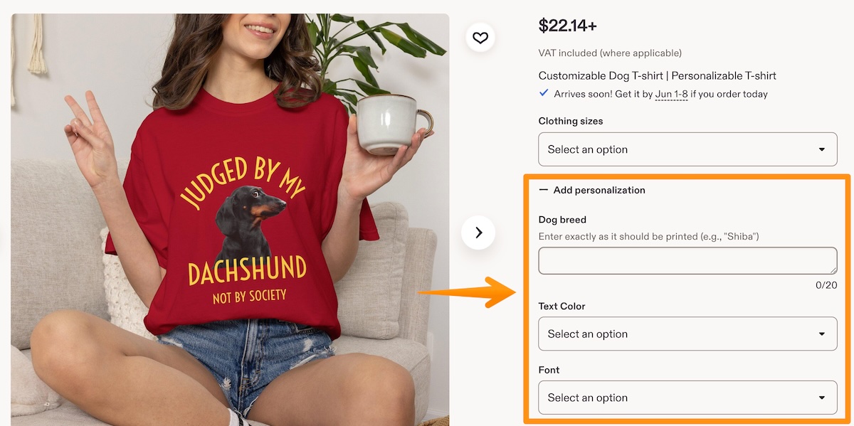 Buyer input fields in a live Etsy listing for text and text options.