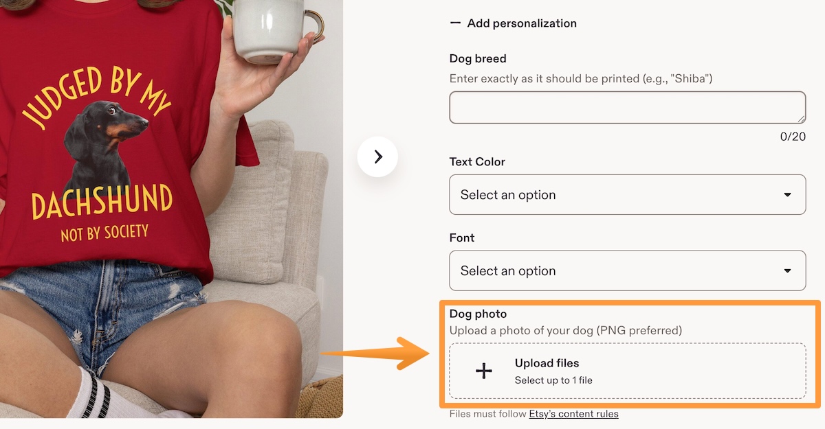 Etsy listing with a field for uploading an image for buyers.