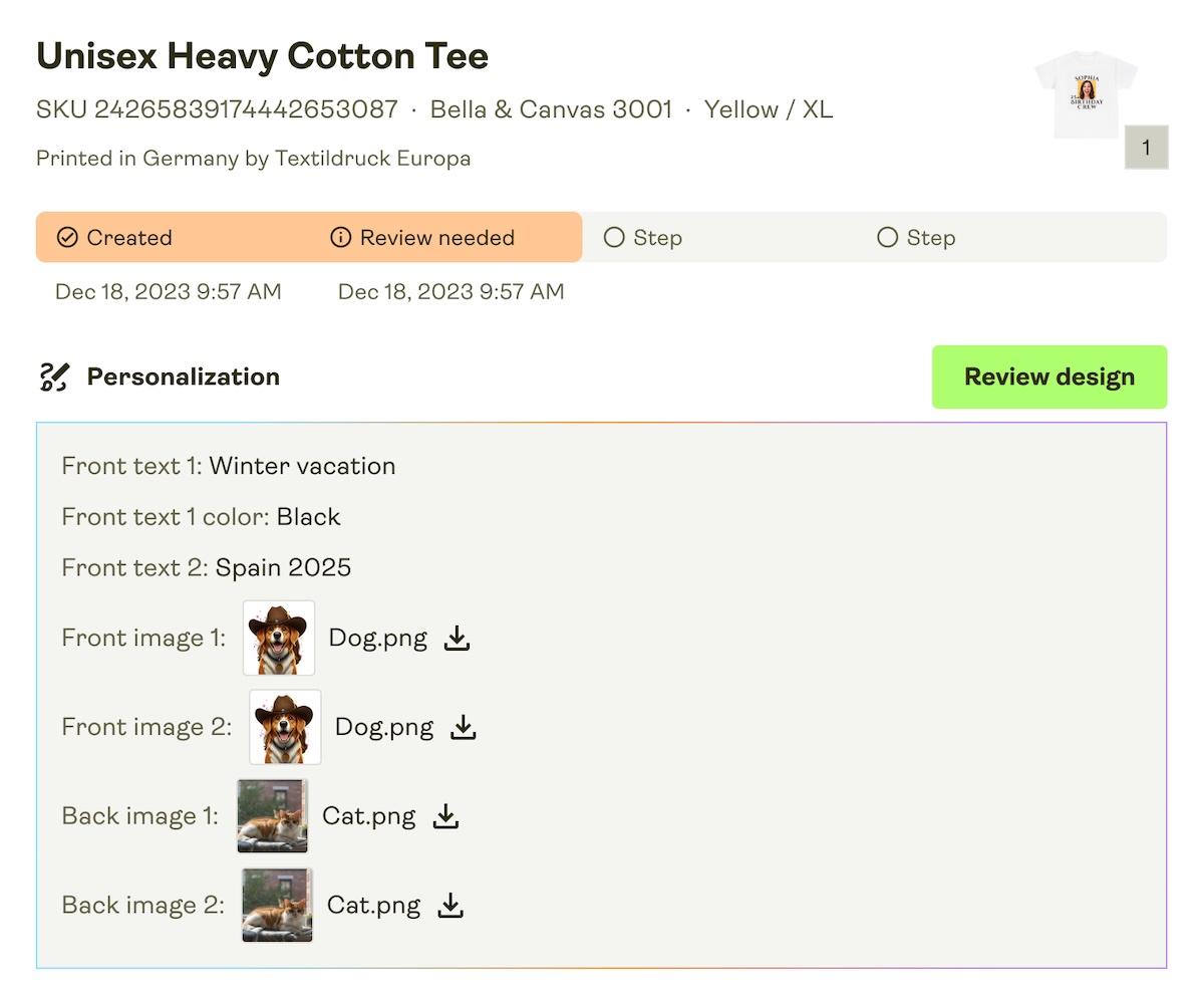 Example order with different buyer inputs such as text and images.