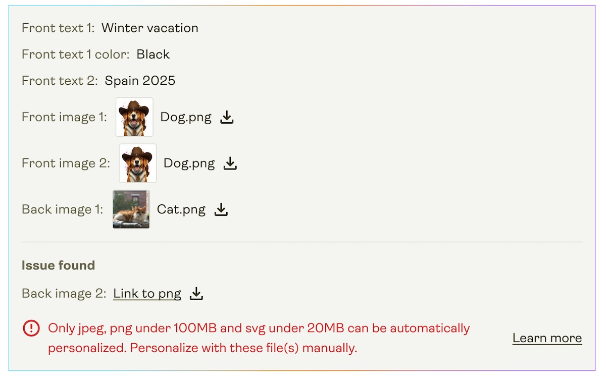 Imported Etsy order in Printify with an unsupported image uploaded by the buyer.
