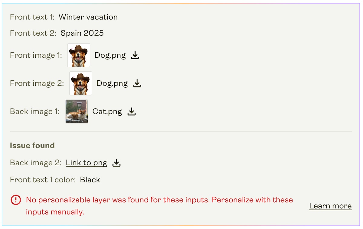 Example order in Printify with extra buyer inputs not mapped to any personalizable layers.