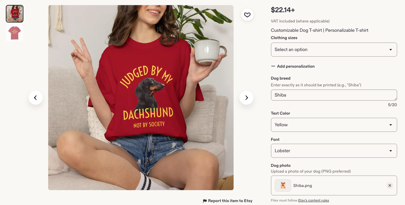 Preview of an Etsy listing with buyer personalization fields for text, text options and images.