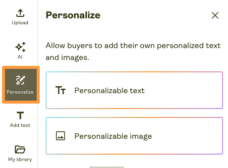 Personalize tab in Product Creator with text and image layer buttons.