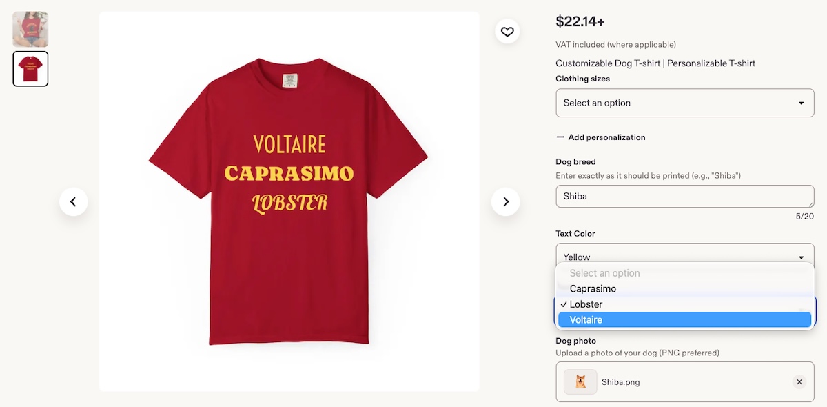 Example Etsy listing with a custom mockup of different fronts showcased.