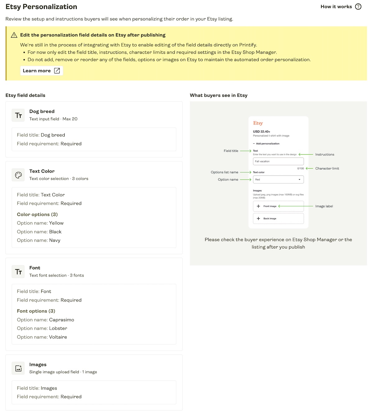 Product details page when publishing with a preview of personalization field setup.