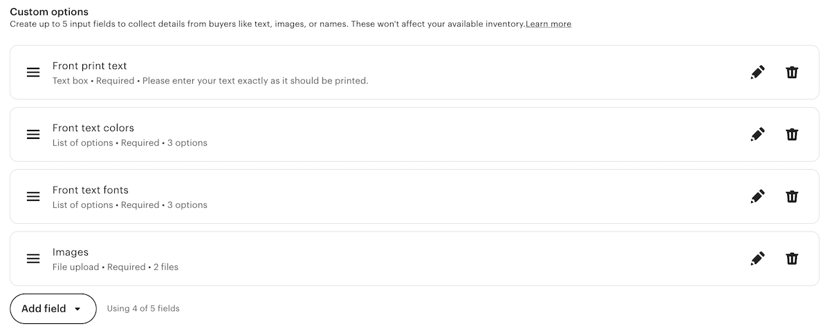 Personalization detail (Custom options) setup in Etsy Shop Manager when editing a listing.