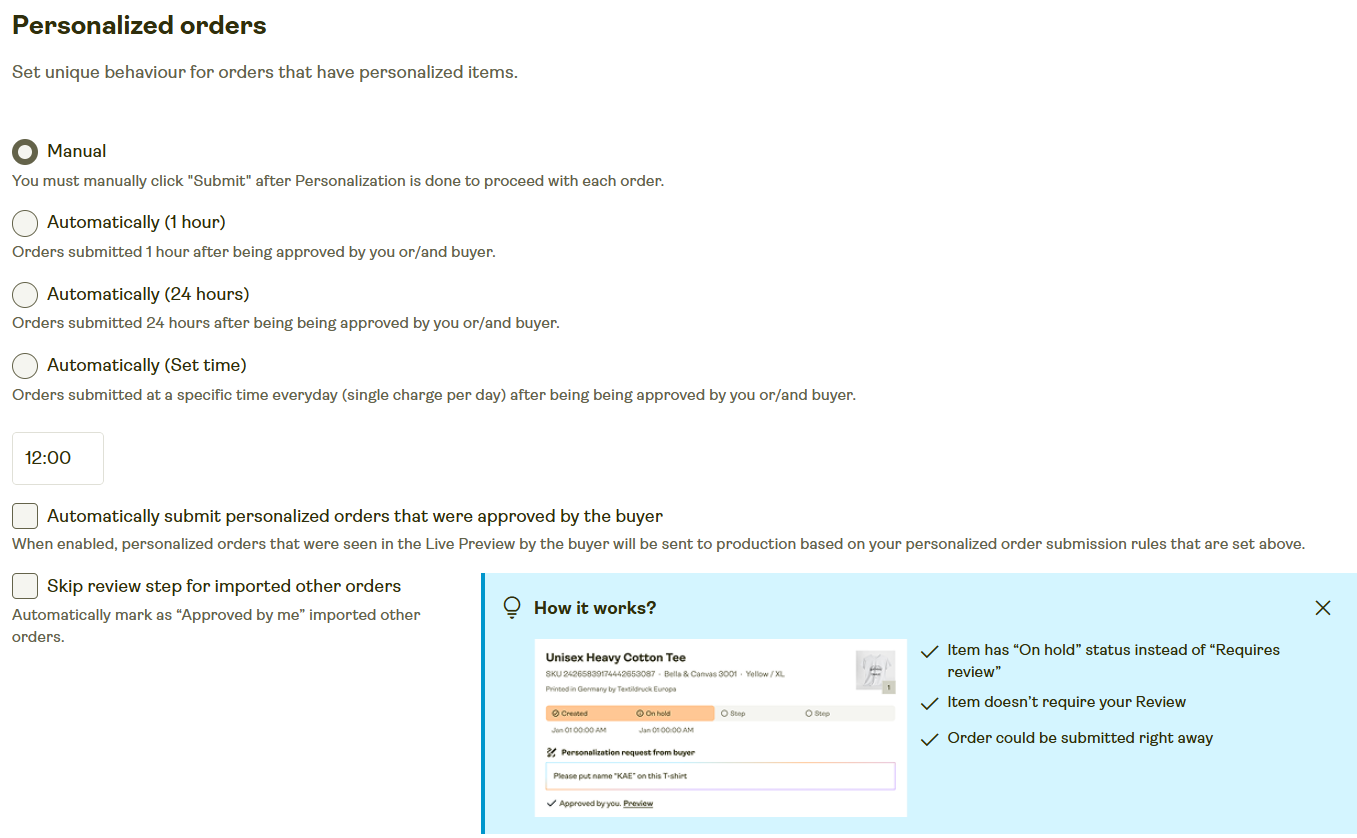Personalized order submission settings in Store Settings.