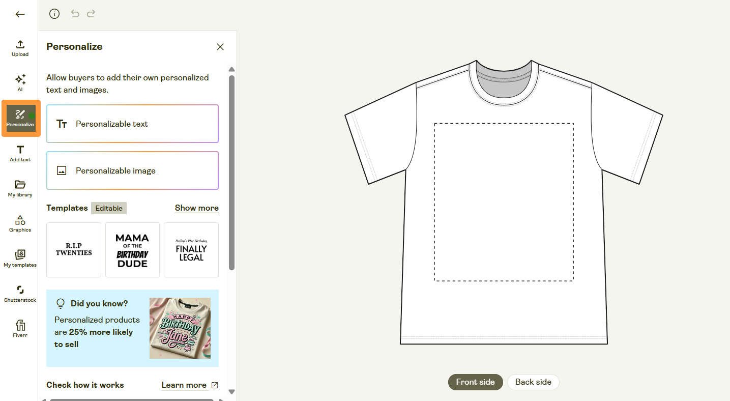 Product Creator with Personalization option in the left-hand menu.