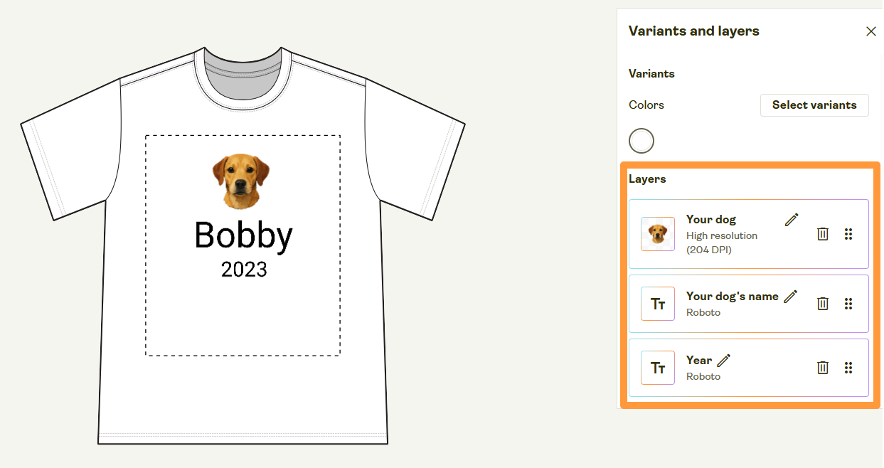 Product Creator with text and image layers added to a product design.