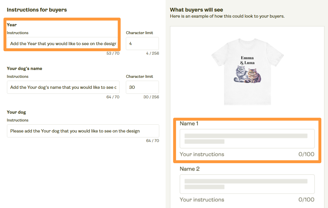 Buyer instructions field in Product Creator with example text input.