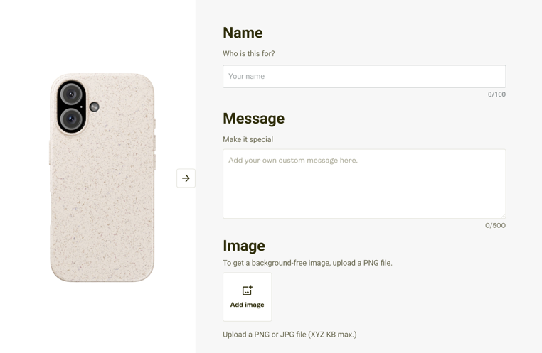 Personalization studio with empty text and image fields — Name, Message, and Image upload options shown beside a blank product preview.