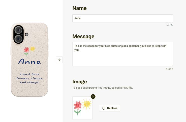 Personalization studio with filled fields — buyer’s name, message, and uploaded image applied to the product preview.