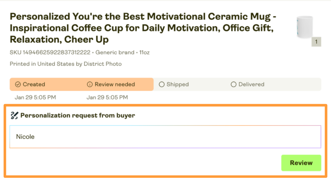 Example order in Printify with a custom request from the buyer.