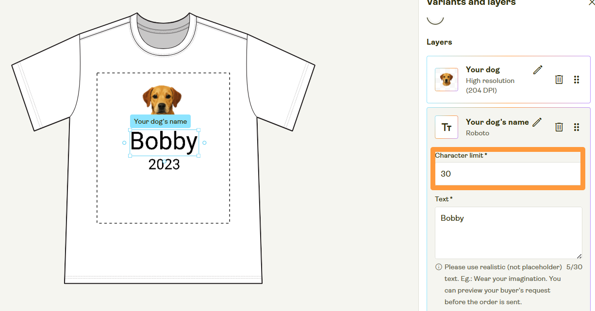Character limit settings applied to a text personalization field in Product Creator.