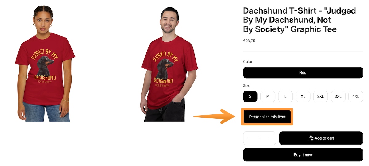 Personalize this item button on the Shopify product page.