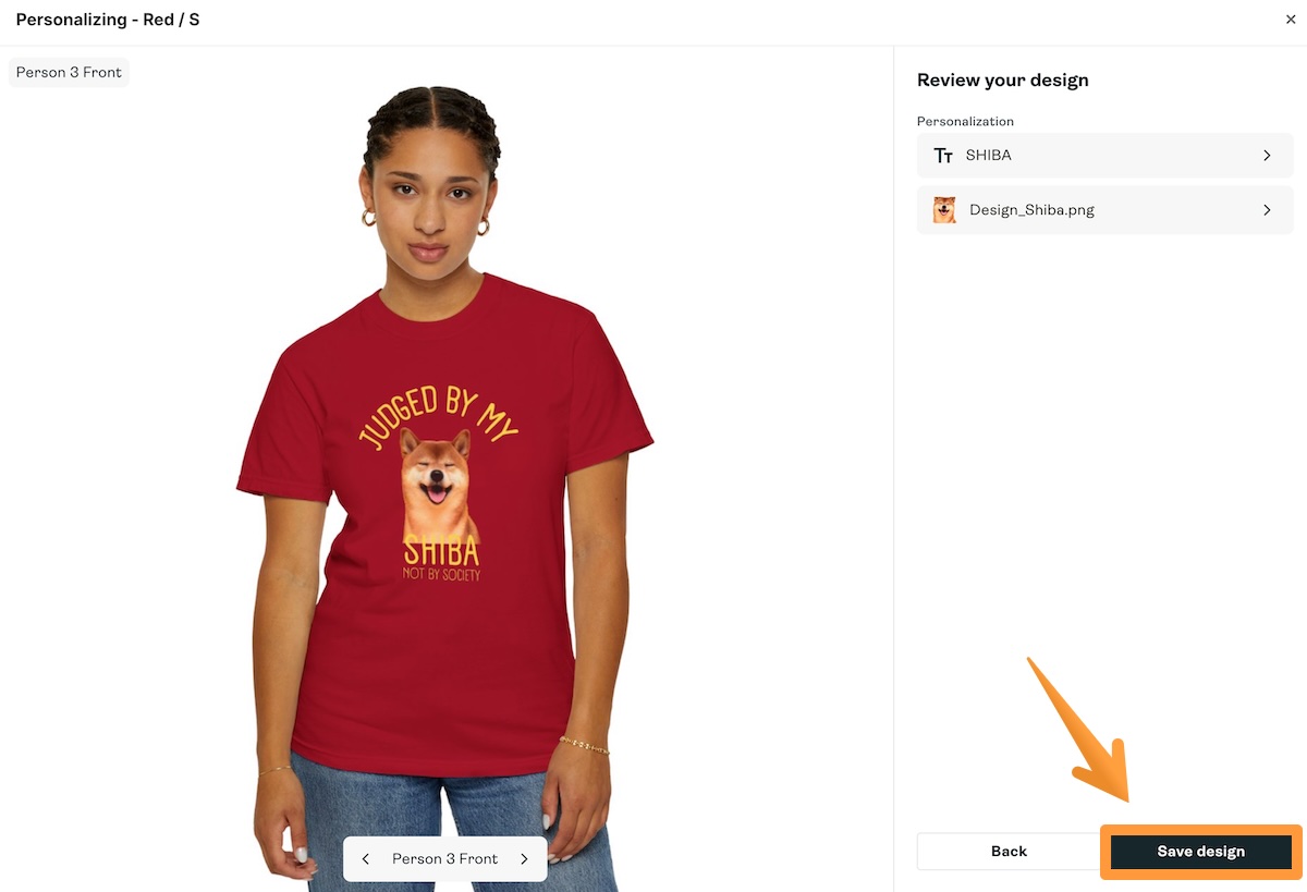 Live preview of the personalized product and Save design button.
