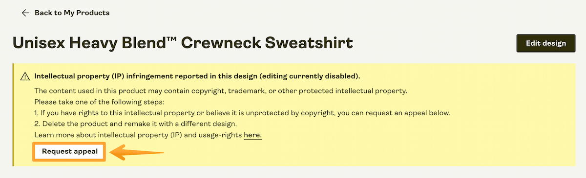Product details page displaying an intellectual property infringement warning banner and a highlighted “Request appeal” button for users who believe they have rights to the reported content.