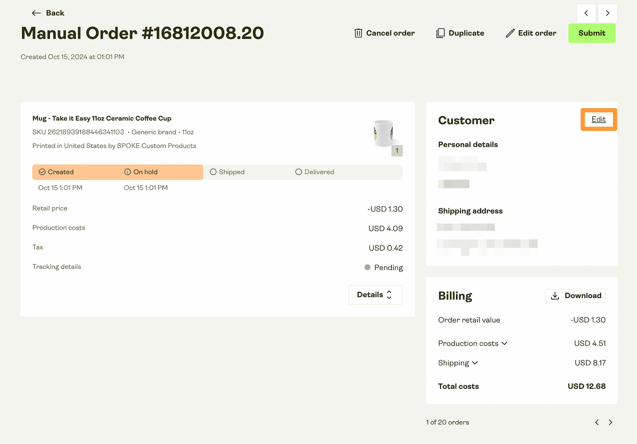 Edit the customer details to add the CPF number.