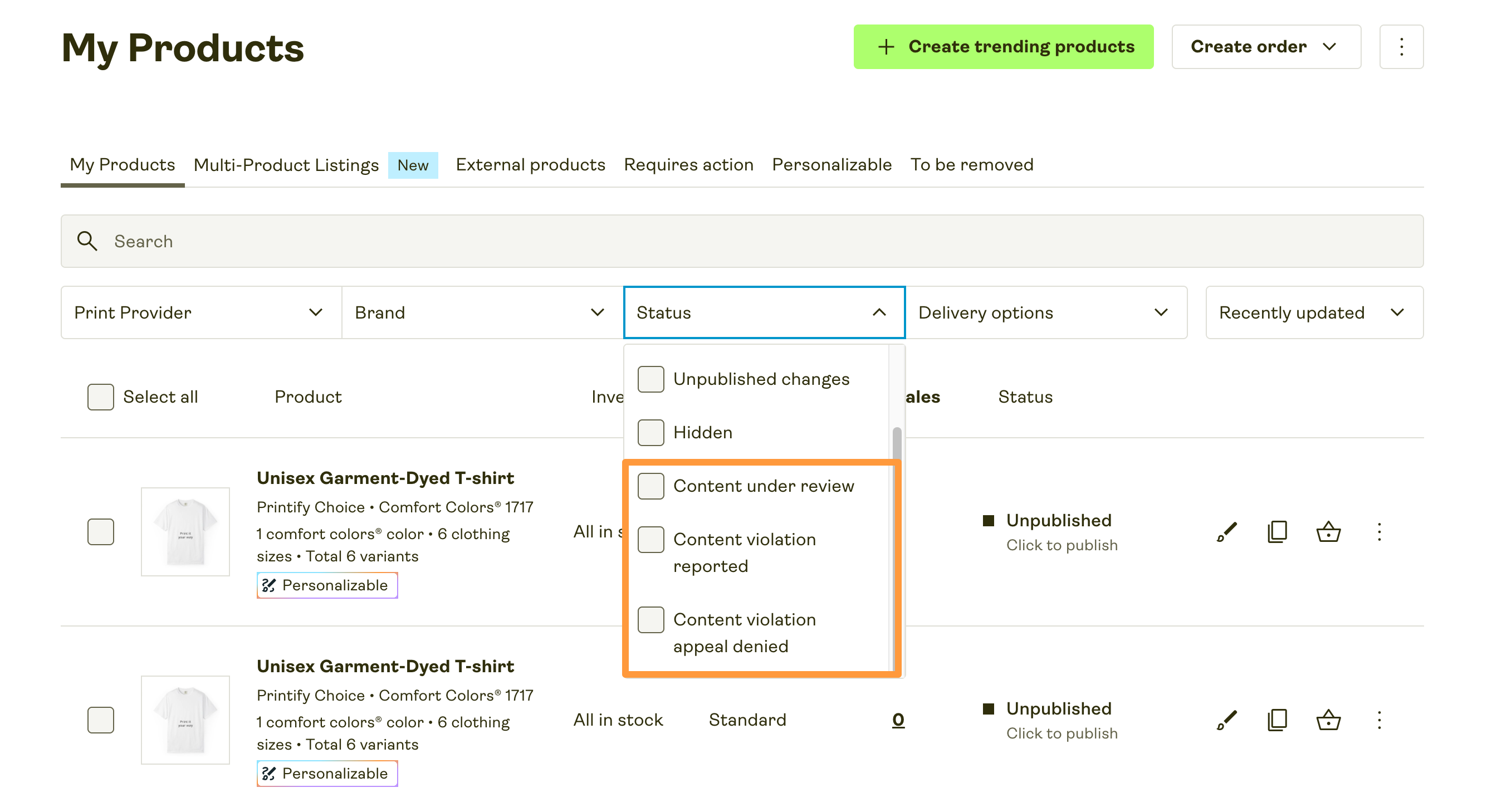 Screenshot of a "My Products" dashboard showing a product list with filters, where the Status dropdown is expanded to display content moderation states including "Content under review," "Content violation reported," and "Content violation appeal denied."