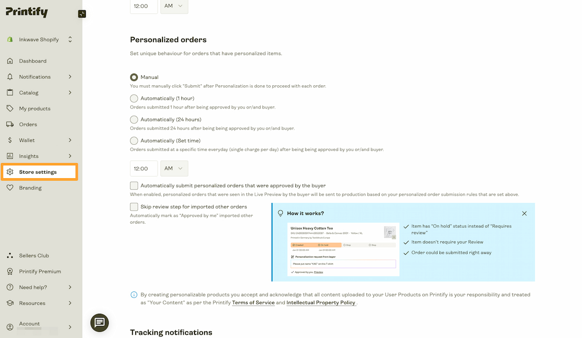 Personalized order submission settings in Store Settings.