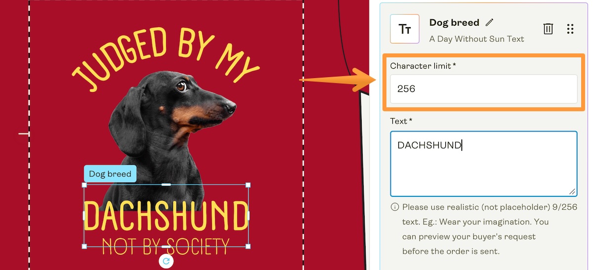 Character limit settings applied to a text personalization field in Product Creator.