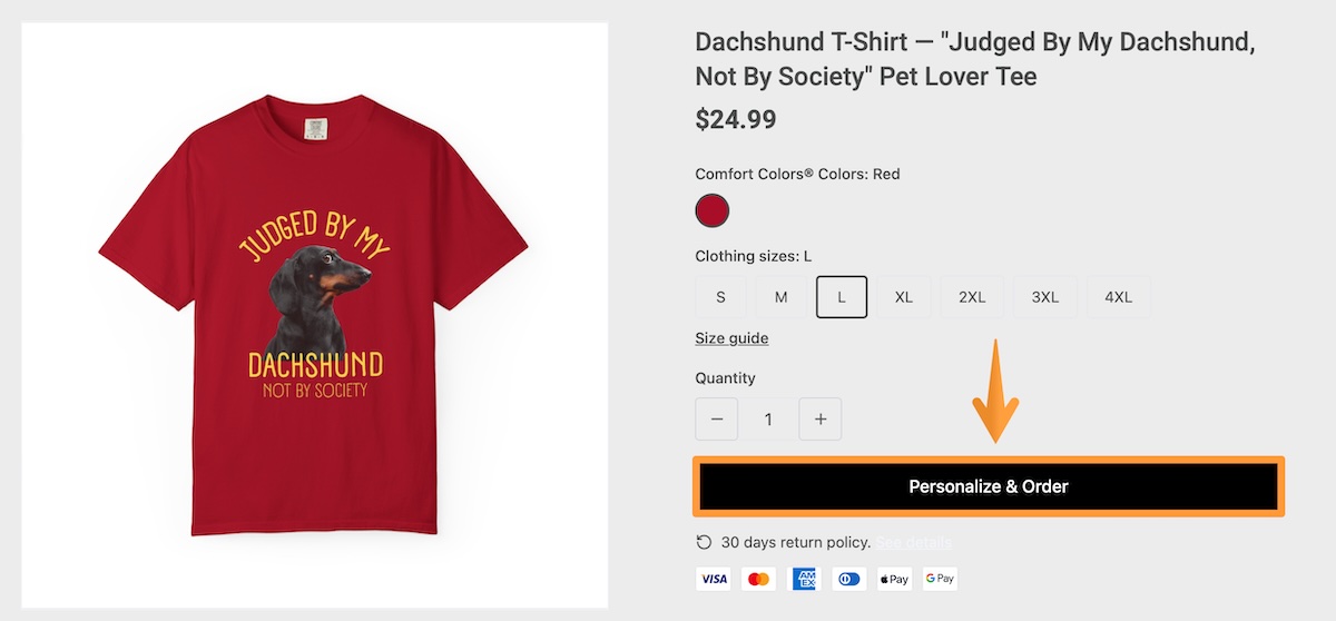 Personalize & Order button on the product page of a personalizable product in Pop-Up Store.