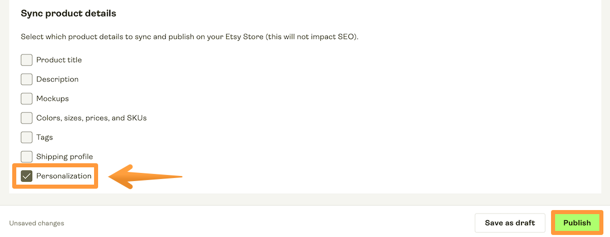 Personalization checkbox under Sync product details.