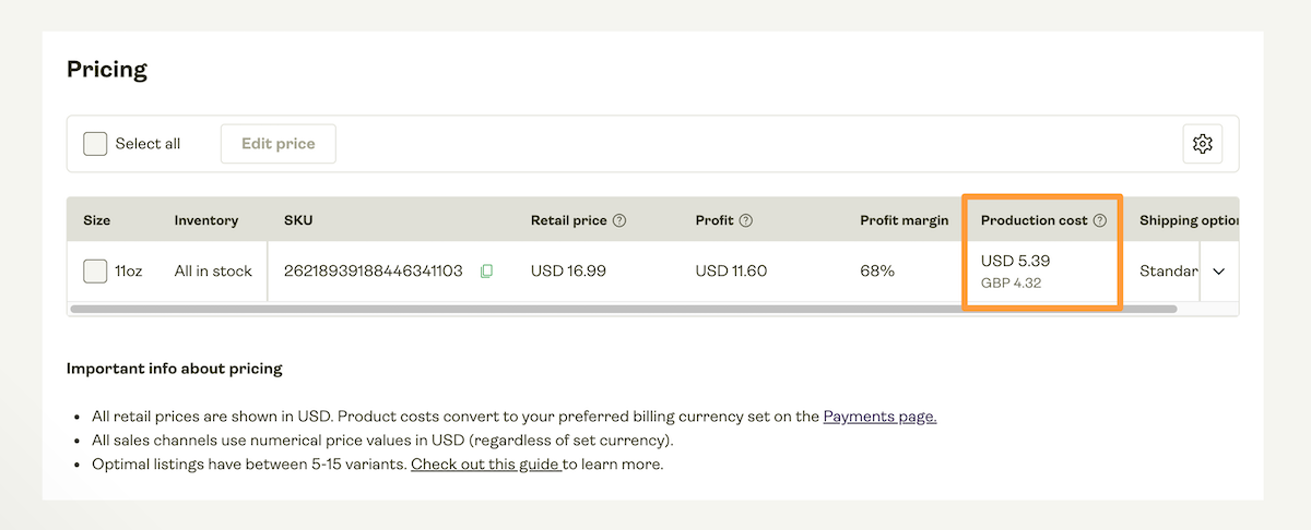 Printify pricing table showing product production cost converted from United States Dollars (USD 5.39) to British Pounds (GBP 4.32), with a note that only product costs are converted to the billing currency.
