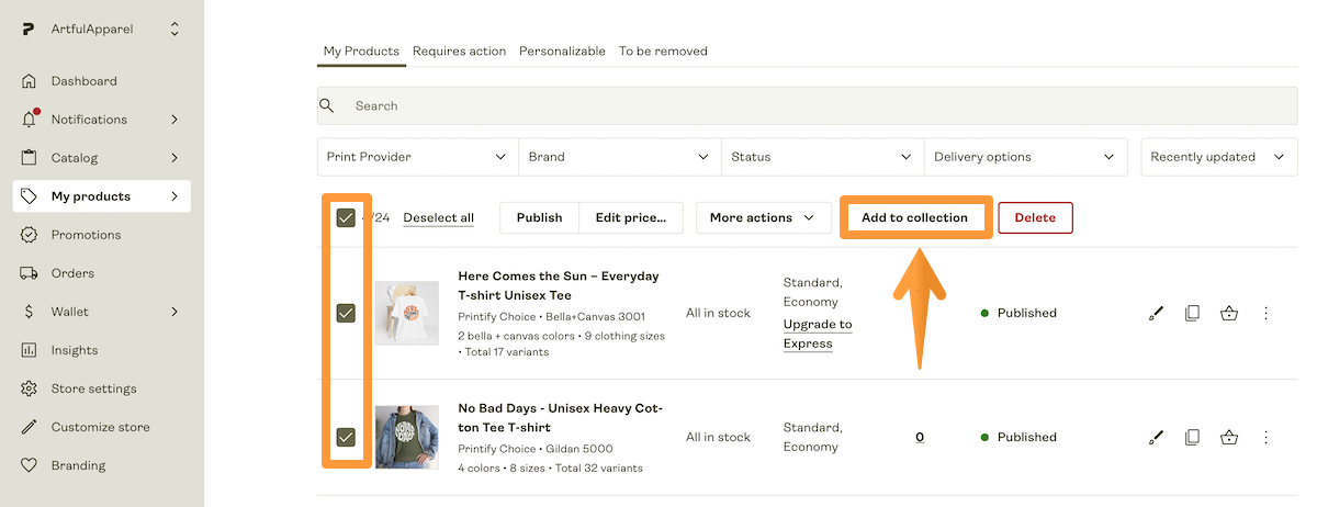 Add to collection button when a product is selected in My Products page.