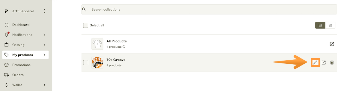 Pencil button next in the Collections actions panel.