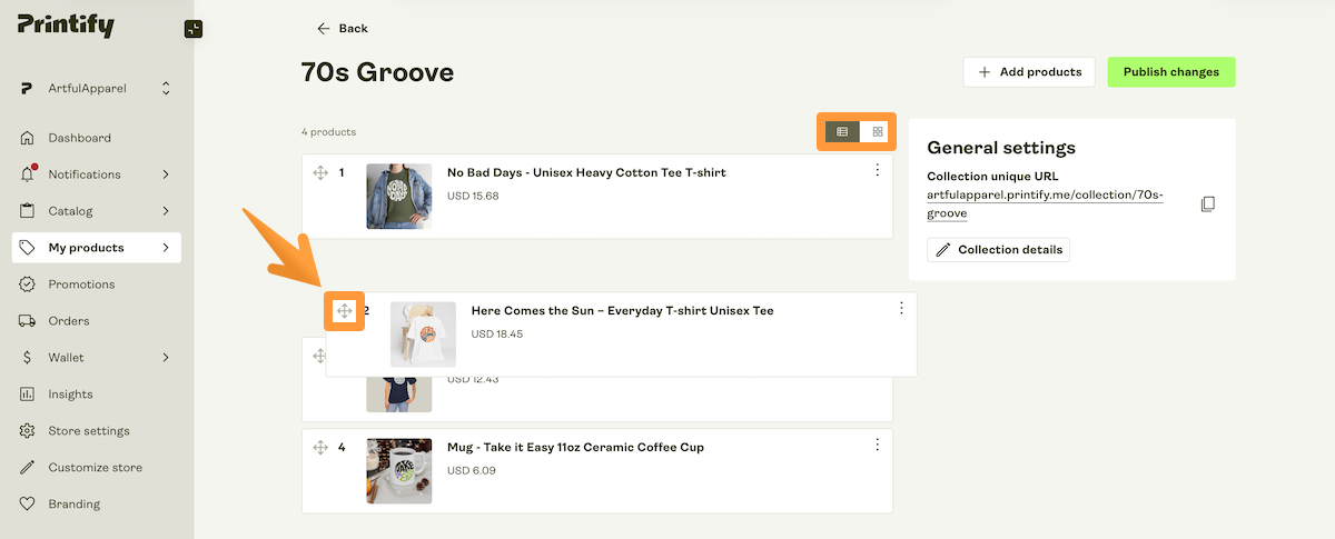 Drag tooltip next to a product card and the list view / image view switcher.
