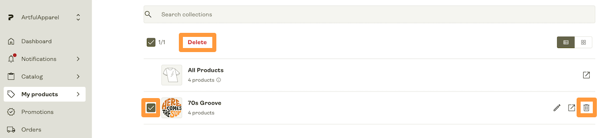 Delete button and trash icon in the Collections page.