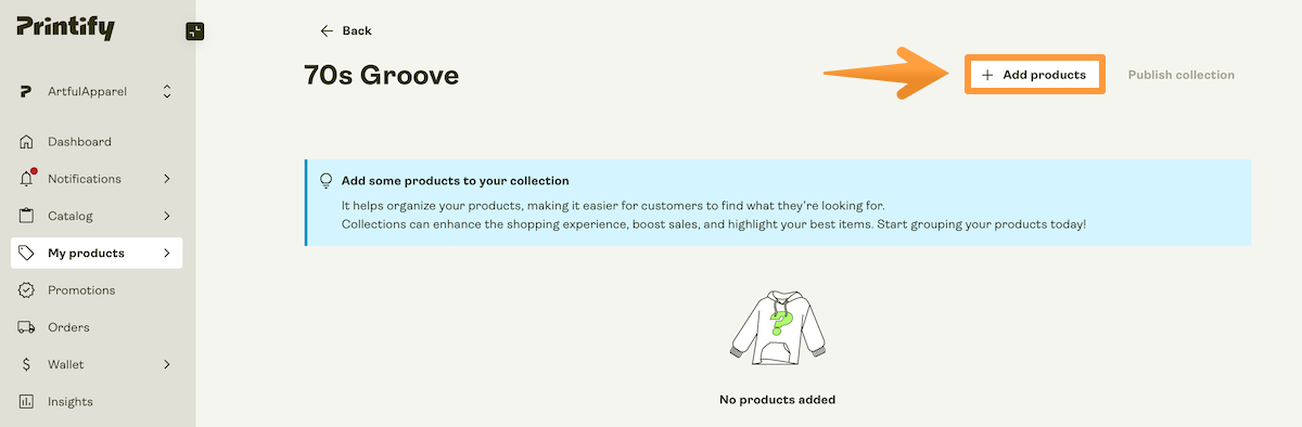 Add products button inside a collection.