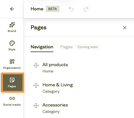 Pages tab in Store Builder.